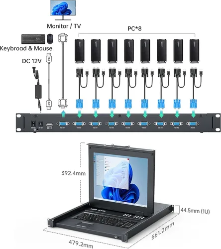 Vista 4 de MT-Viki Conmutador KVM de montaje en rack de 17" VGA 8 puertos, monitor de montaje en rack KVM Fit 1U 19'' Rack, 23.622-31.496 in (23.6~31.8'')