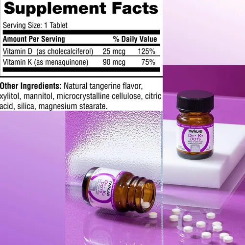 Vista 2 de Twinlab D3 + K2 Dots - Suplemento de vitamina D3 y vitamina K2 para apoyo inmunológico, salud ósea y salud cardíaca, vitamina D 1000 UI + vitamina K