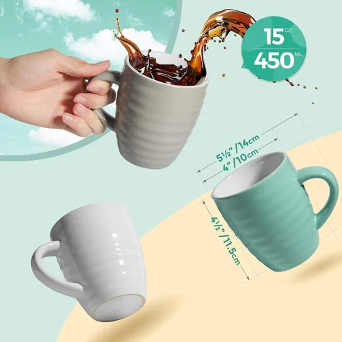 Vista 4 de ComSaf Juego de 6 tazas de café de cerámica, taza de café grande de 15 onzas, taza de té para oficina y hogar, taza de porcelana con asa
