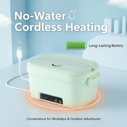 Vista 2 de Fiambrera eléctrica inalámbrica, lonchera calentada de 1.5 L con batería de 7800 mAh, calentador de alimentos portátil verde para oficina