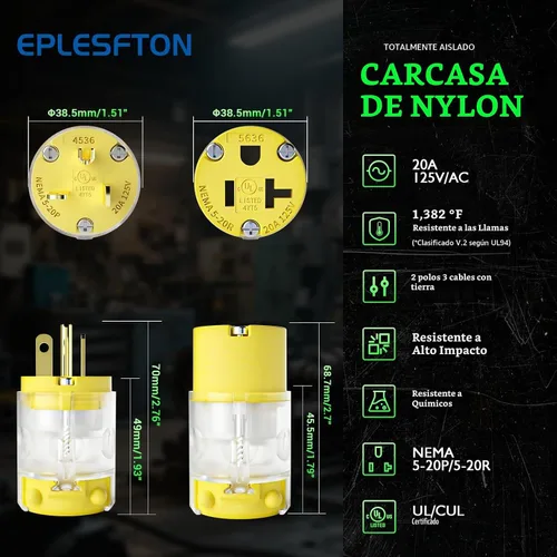 Vista 7 de 1 paquete de extremos de repuesto para cable de extensión de 20 amperios iluminados 120-125 voltios, NEMA 5-20R, 2 polos 3 cables, hoja recta
