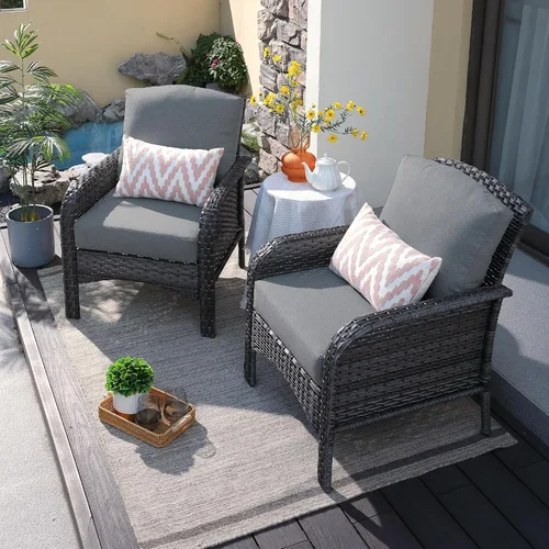 Vista 21 de ovios - Juego de muebles de patio de 2 piezas, sofá de mimbre para exteriores con sillas, silla de ratán con respaldo alto con cómodos cojines