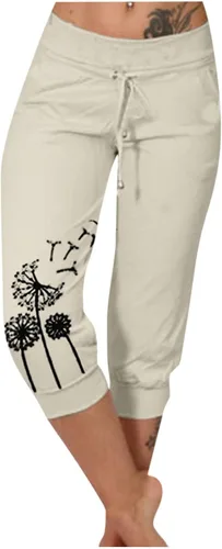 Vista 12 de Pantalones capri para mujer, estampado de diente de león, pantalones capri con cordón de cintura alta, elásticos, pantalones cortos de verano