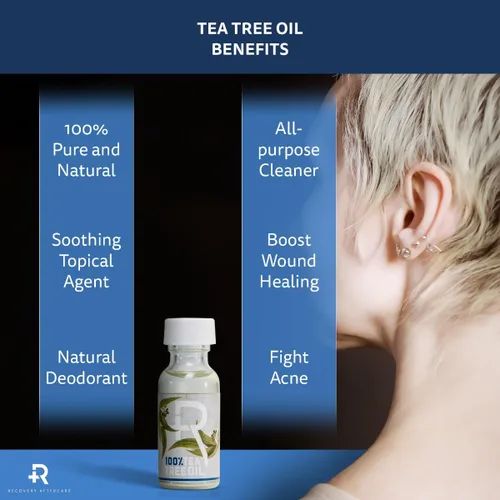 Vista 3 de Recovery Aftercare Aceite de árbol de té para la piel, orgánico, natural, calmante tópico para el cuerpo, producto de cuidado posterior, botella