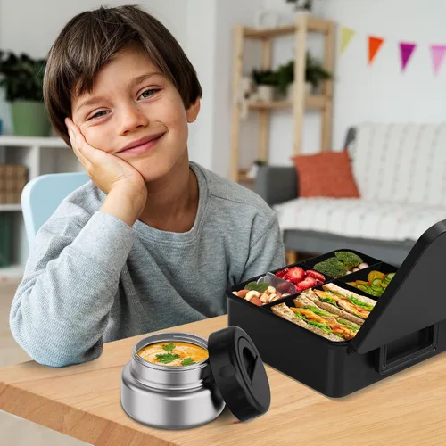 Vista 7 de Lonchera Bento para niños con contenedor térmico de alimentos (9 onzas), lonchera de 4 compartimentos, divisor ajustable, lonchera Bento a prueba