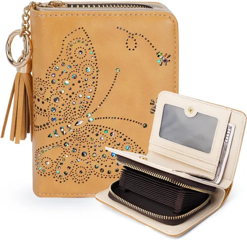 Vista 8 de KITEVIUN Cartera RFID delgada para mujer con doble pliegue, tarjetero con cremallera y monedero, cartera ultradelgada compacta con ventana
