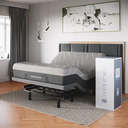 Vista 13 de Sven & Son Base de cama ajustable clásica, elevación de cabeza y pies, masaje, luces bajo la cama, USB, memoria de gel, marco inteligente