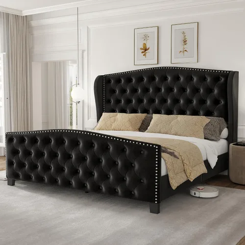 Vista 11 de LARMACE Base de cama tamaño Queen con tapizado de terciopelo, cama de plataforma con cabecera y pie de ala, base de cama con botones profundos