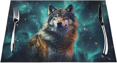 Vista 7 de 6 PCS PVC Placemats Set Place Mats A Wolf Stands in Front of The Starry Sky Non-Slip Weave Place Mats 12" x 18" Farmhouse Table Mat Set for Family