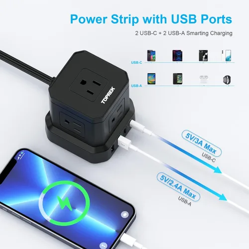 Vista 3 de Regleta de alimentación con USB, USB C (3.0 A) con 5 tomas, 2 USB-C y 2 USB-A, cable de extensión plano de 5 pies con enchufe plano ultrafino