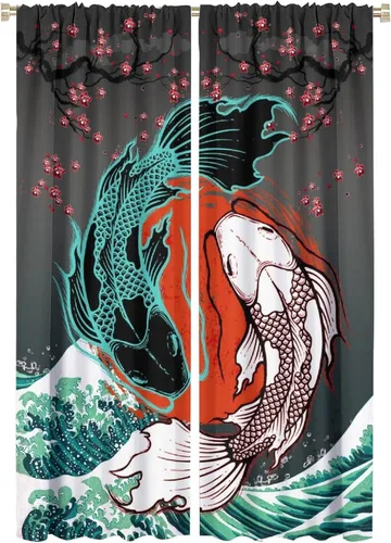 Vista 32 de Koi Fish - Cortinas opacas para cocina, estilo japonés, románticas, con estampado de flores de cerezo, con bolsillo para cortinero, cortinas opacas