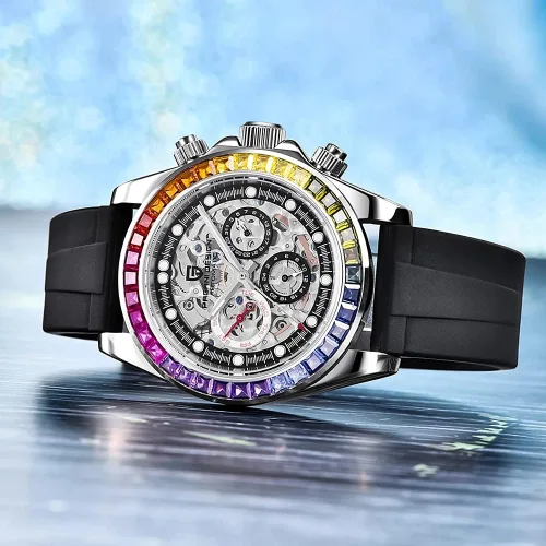 Vista 3 de Pagani Design Relojes mecánicos automáticos de lujo para hombre, esfera de esqueleto, acero inoxidable, bisel de arco iris, correa de goma, 328.1