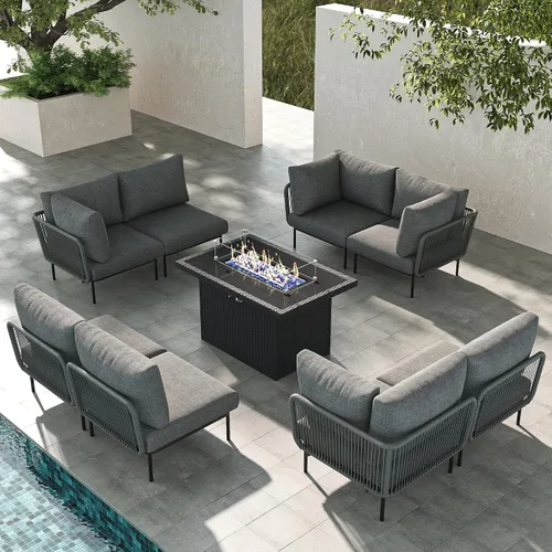 Vista 47 de LayinSun Juego de muebles de patio de aluminio de 7 piezas, sofá modular moderno con mesa auxiliar y cojín de grosor mejorado Gris claro