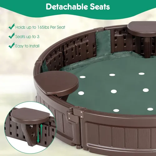 Vista 4 de Costzon Caja de arena redonda para niños con cubierta, pozo de arena de polietileno de alta densidad con asiento integrado desmontable y forro