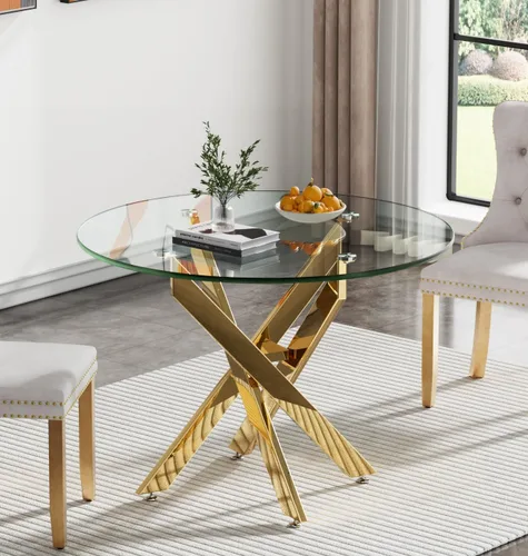 Vista 8 de Mesa de comedor redonda de vidrio de 36 pulgadas para 2-4 personas, patas de metal negro resistentes, mesa de cocina redonda de vidrio