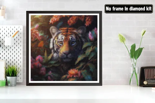 Vista 2 de Bimkole Kits de arte de diamantes 5D para adultos, flores alrededor del tigre, set de bordado de pedrería DIY animal de taladro completo, pintura