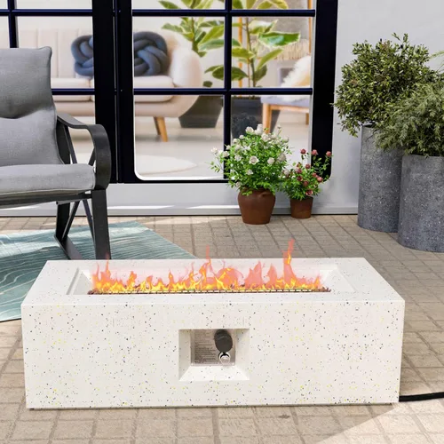 Vista 9 de HOMPUS Fogata de propano para exteriores, 40,000 BTU de 28 pulgadas, mesa redonda de hormigón de terrazo blanco con rocas de lava y cubierta