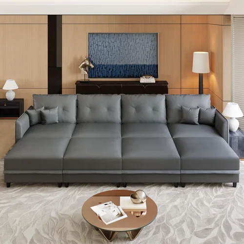 Vista 20 de LLappuil Sofá cama modular modular con almacenamiento, sofás de piel sintética de 6 plazas para sala de estar, color marrón