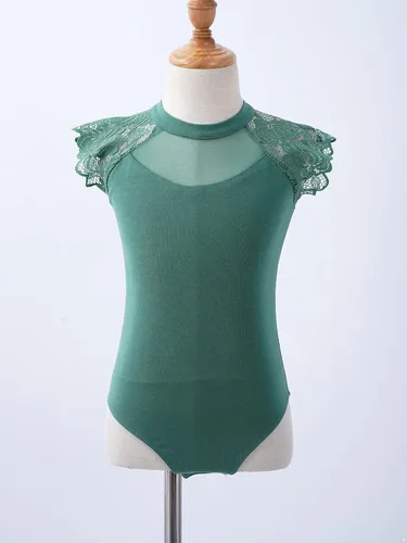 Vista 3 de Leotardo de algodón de una pieza para niñas, de encaje, con volantes, manga con volantes, para gimnasia, ballet y danza, verde ( Bean Green )