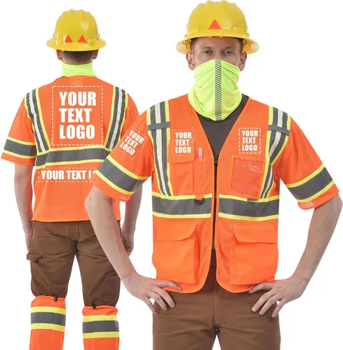 Vista 18 de AYKRM Chaleco de Seguridad de Construcción Personalizado con Logotipo Impreso de Alta Visibilidad Reflectante de 2 Tonos