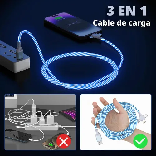 Vista 6 de Cable de carga para iPhone 3 en 1 con luz LED, relámpago/tipo C/micro USB para automóvil RGB brillante para Apple iPhone 15/14/13/12/11 Pro