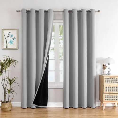 Vista 39 de ChrisDowa Cortinas 100% opacas de 63 pulgadas de largo para dormitorio con forro negro, 2 capas gruesas totalmente opacas con aislamiento térmico