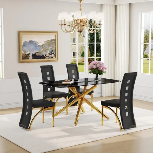 Vista 16 de Juego de mesa de comedor moderna para mesa de comedor negra de 4,63 pulgadas, juego de 4 con patas de metal dorado, mesa de cocina rectangular