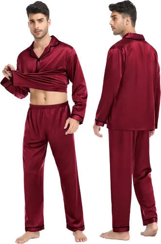 Vista 3 de SWOMOG Conjunto de pijama de seda a juego para parejas, con 2 bolsillos, manga larga, con botones, ropa de dormir