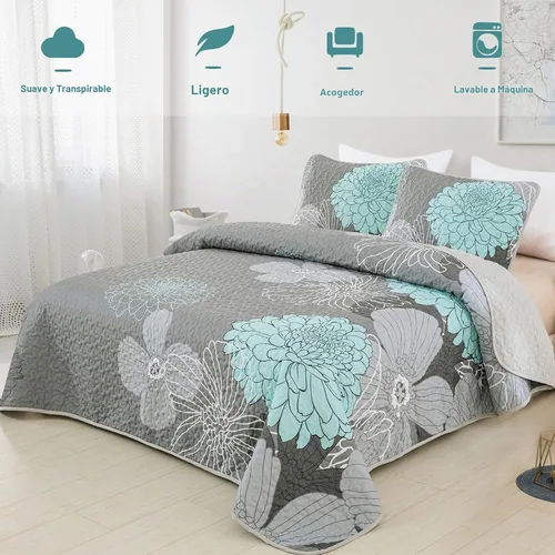 Vista 3 de Anibedding Juego de edredón con estampado floral verde, tamaño King, colcha de 3 piezas, elegante colcha de flores bohemias con 2 fundas de Gris