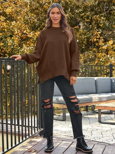 Vista 142 de Lillusory - Suéter extragrande con mangas de murciélago y cuello redondo para mujer, prenda moderna de otoño de tejido de punto sin botones