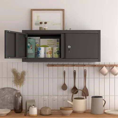 Vista 9 de Armarios de almacenamiento negros montados en la pared, gabinete superior de 12.8 pulgadas de alto para el hogar, gabinetes de metal con puertas