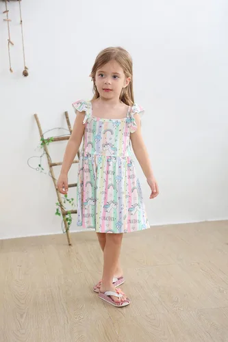 Vista 4 de Popshion Vestidos de niña con mangas con vuelo, vestido de verano para niños, fiesta de cumpleaños, sin mangas, vestido de 1 a 8 años