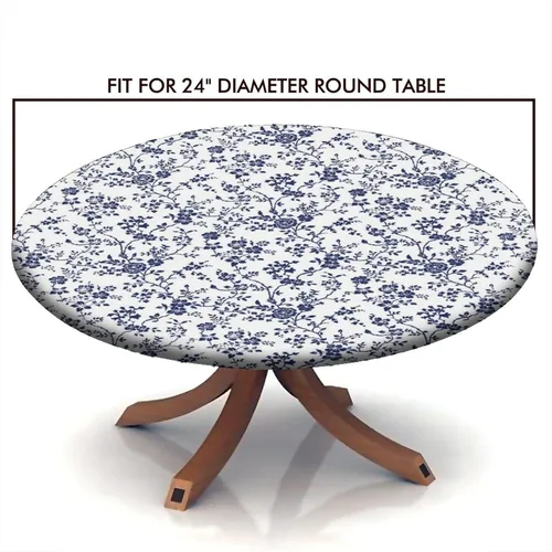 Vista 4 de Mantel redondo ajustable con borde elástico floral azul, mantel con borde elástico de estilo floral pastoral, almohadilla de mesa de poliéster