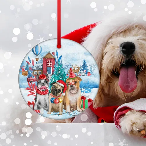 Vista 3 de Familia de árbol de Navidad adornos de Navidad de cerámica para perro, adorno colgante para la familia, adorno para árbol de Navidad, adorno