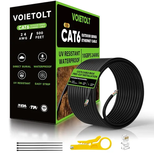 Vista 11 de Cable Ethernet Cat 6 para exteriores de 9 pies, cable de red Cat6 de alta velocidad de 10Gbps de 24AWG, impermeable, cubierta UV de entierro directo