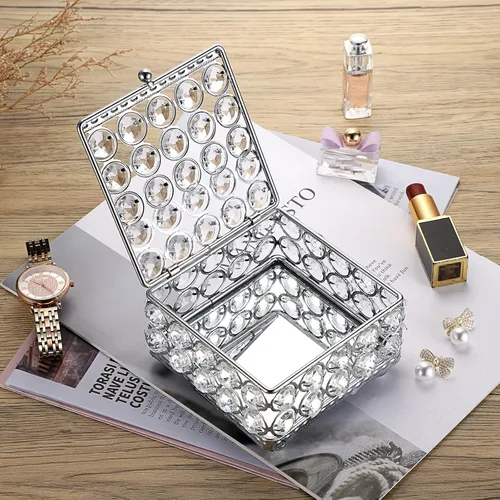 Vista 9 de ELLDOO Joyero de cristal plateado cuadrado organizador de joyas para aretes, anillos, caja del tesoro, caja de almacenamiento de recuerdos con tapa
