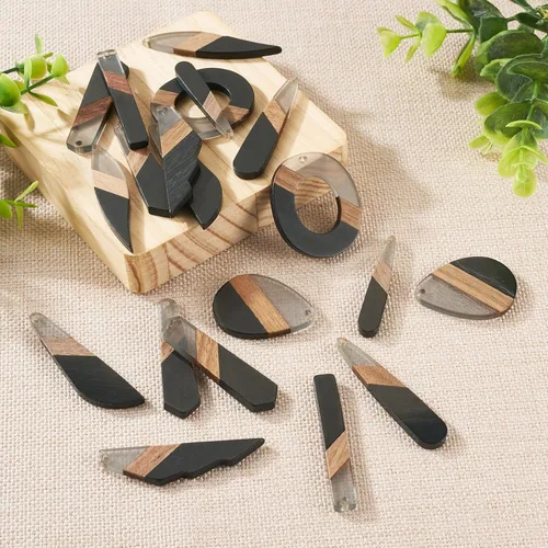 Vista 4 de Beadthoven - Dijes de madera de resina para bricolaje, colgantes de aretes de lágrima multicolor, triángulo, círculo redondo, rombo, barra