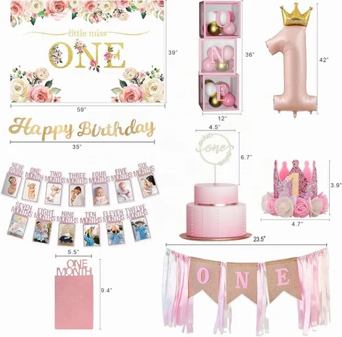 Vista 4 de Decoraciones de primer cumpleaños para niña, suministros para fiesta de primer cumpleaños Includes Pink Gold Balloons Garland Arch Kit, Balloon