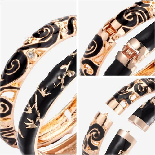 Vista 4 de UJOY Vintage Jewelry Cloisonne Artesanal Esmaltado Mariposa Flor Magnífica Rhinestone Oro Bisagra Brazalete Brazalete Brazaletes Regalos 88A09