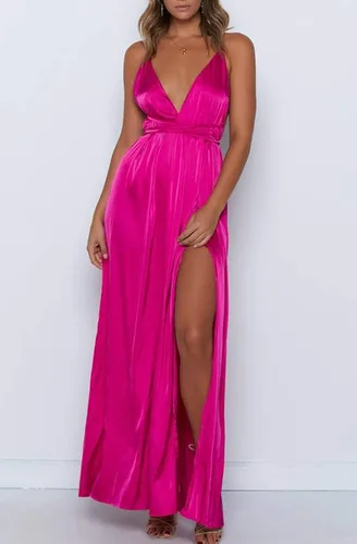 Vista 5 de Yimeili vestido largo de fiesta para mujer vestido de cóctel sexy satinado con cuello en V profundo espalda descubierta y abertura 30colores S-XXL