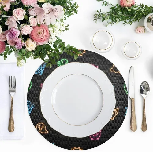 Vista 5 de Neon Cute Faces Black Round Table Placemats, Non Slip Washable Placemats Non Slip for Kitchen Table one sizex6