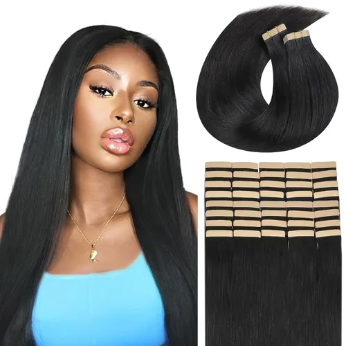 Vista 35 de Extensiones de cabello Lashey de 14 pulgadas; extensiones de cabello humano real lacio color negro azabache con trama adhesiva para mujeres, 20