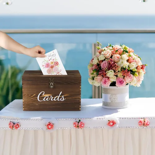 Vista 6 de MDLUU Caja de madera para tarjetas de boda, caja rústica para dinero de boda con cerradura, soporte para sobre, caja de recepción de tarjetas