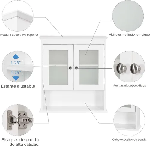 Vista 5 de Spirich Armario de baño montado en la pared, organizador de botiquín con puertas de vidrio y estantes ajustables, armario de pared de baño sobre