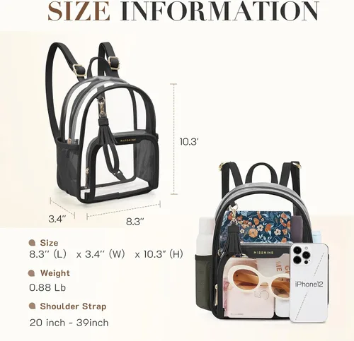 Vista 2 de Missnine Mochila transparente aprobada para estadios, mini bolsa transparente de PVC grueso con ribete de cuero para eventos deportivos, conciertos