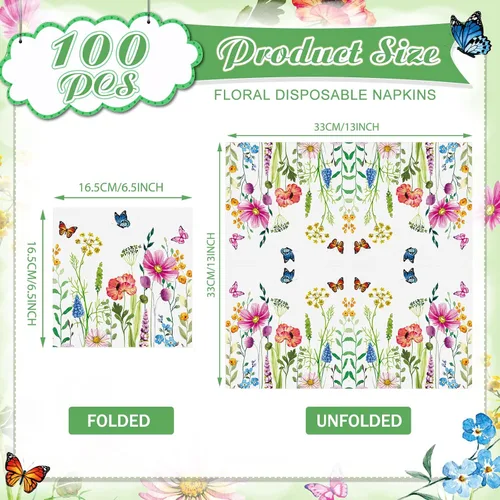 Vista 2 de Teling 100 servilletas de papel florales, 3 capas desechables para invitadas/servilletas de cóctel, servilletas de fiesta de flores silvestres