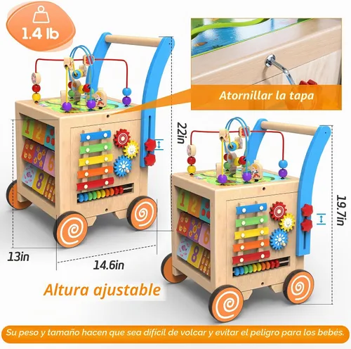 Vista 5 de 9 en 1 Cubo de Actividad de Madera Andador de Bebé de Madera, Centro de Actividad de Aprendizaje de Sentarse a Pararse, Juguetes Educativos