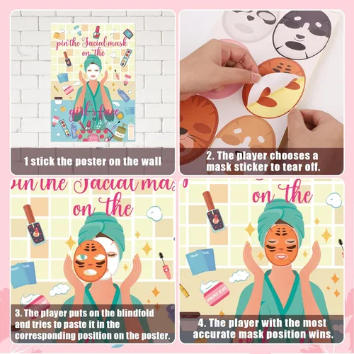 Vista 3 de 38 piezas de juegos de fiesta de spa, pin la máscara facial en la cara de la niña con 36 calcomanías para fiestas de spa para niños y con los ojos