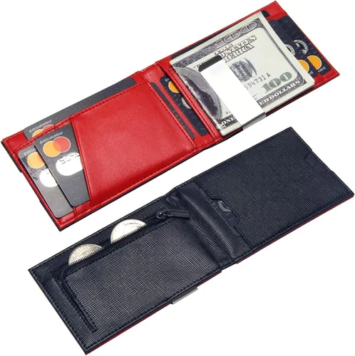 Vista 2 de Cartera plegable para hombre con clip para dinero bolsillo frontal minimalista de cuero con bloqueo RFID