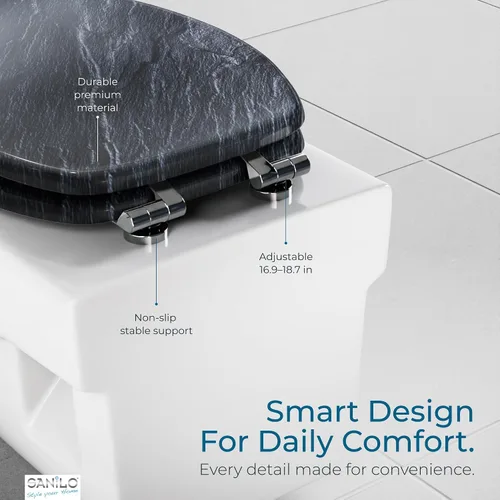 Vista 3 de SANILO Asiento de inodoro de madera con cierre suave [alargado] – Asiento de madera moldeada decorativo, silencioso y de cierre lento – Con fuertes